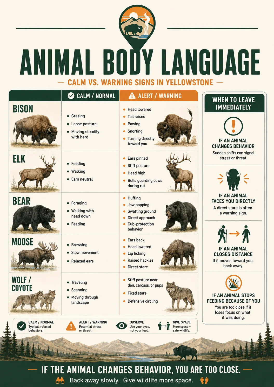 Yellowstone animal body language guide for bison, elk, bears, and moose warning signs.