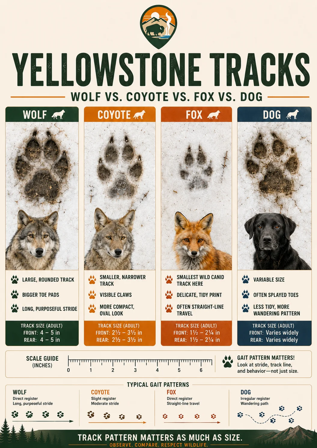 Yellowstone tracks guide comparing wolf, coyote, fox, and dog tracks.