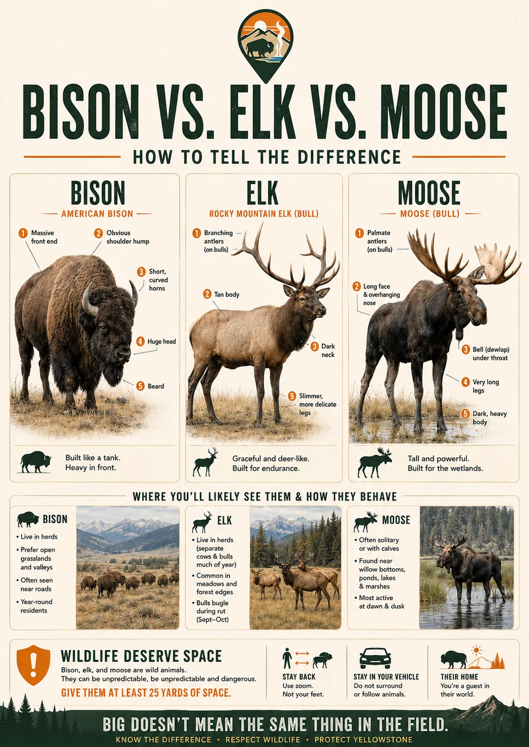 Yellowstone bison, elk, and moose identification guide comparing size, shape, habitat, and behavior.