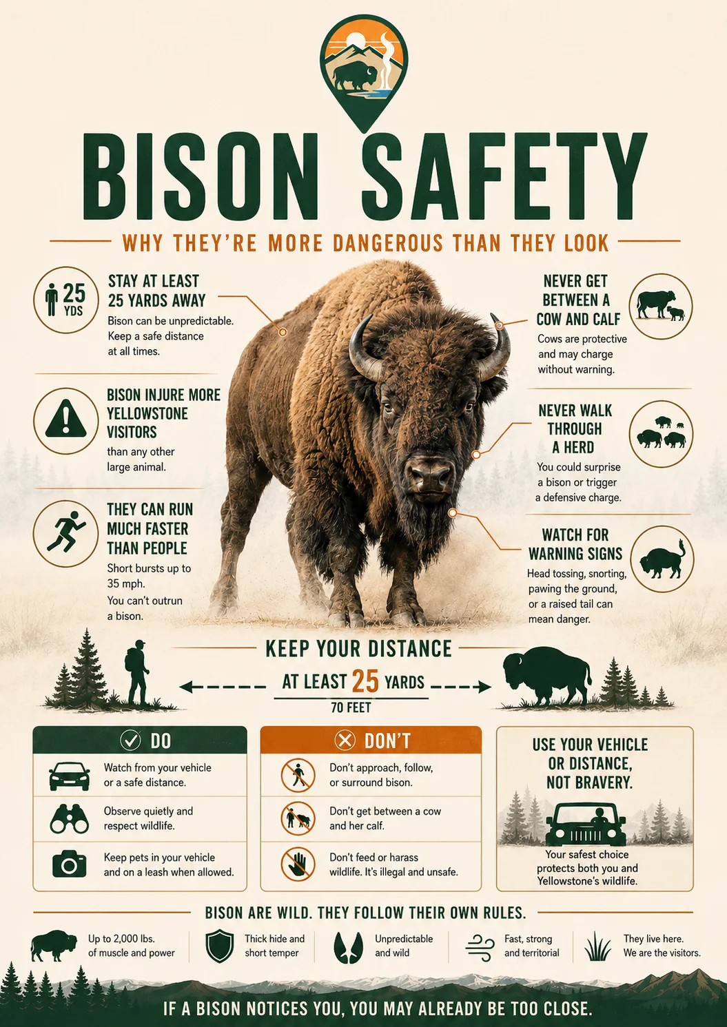 Yellowstone bison safety guide with warning signs and minimum distance guidance.