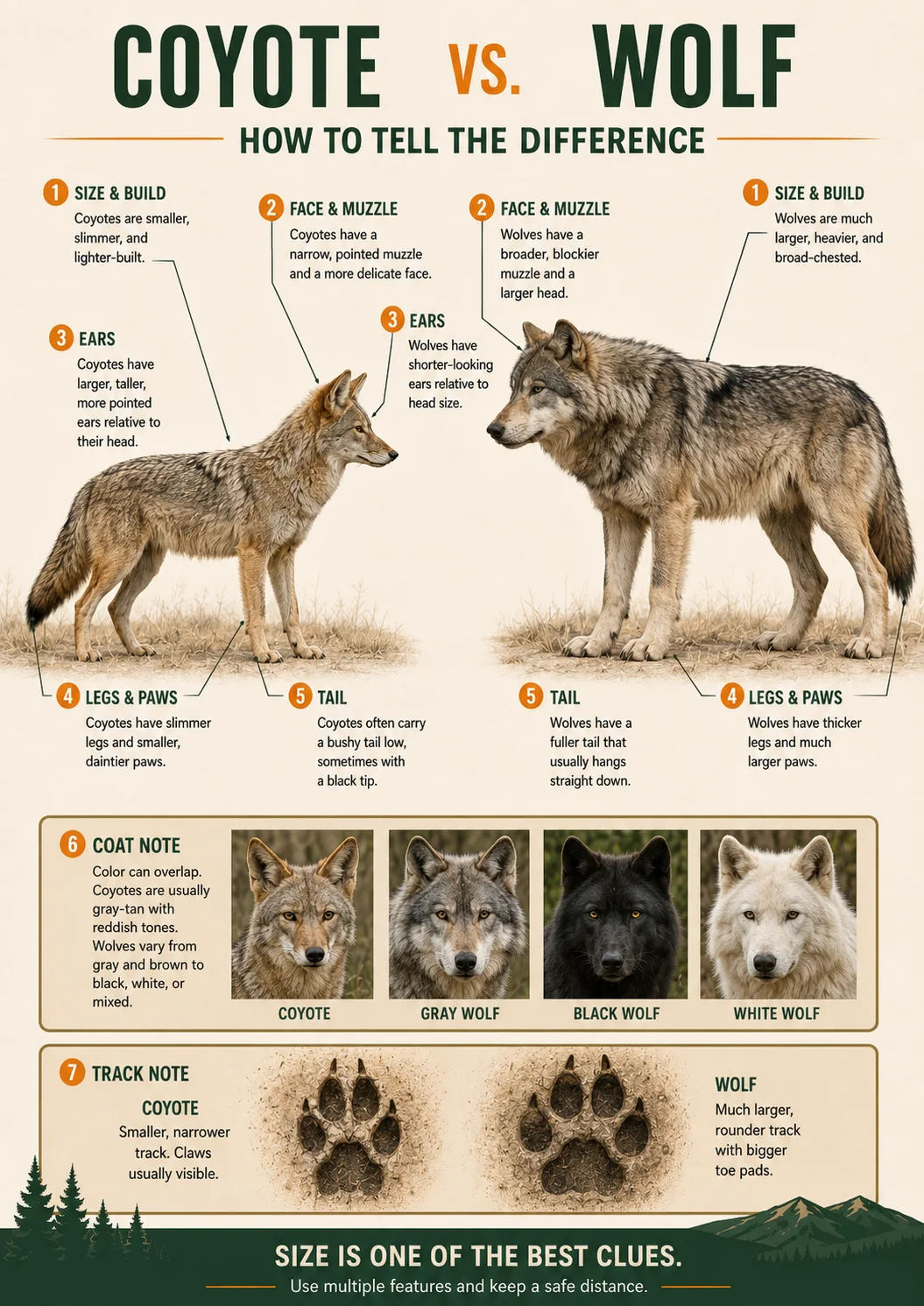 Yellowstone coyote versus wolf identification guide comparing body shape, size, tracks, and behavior.