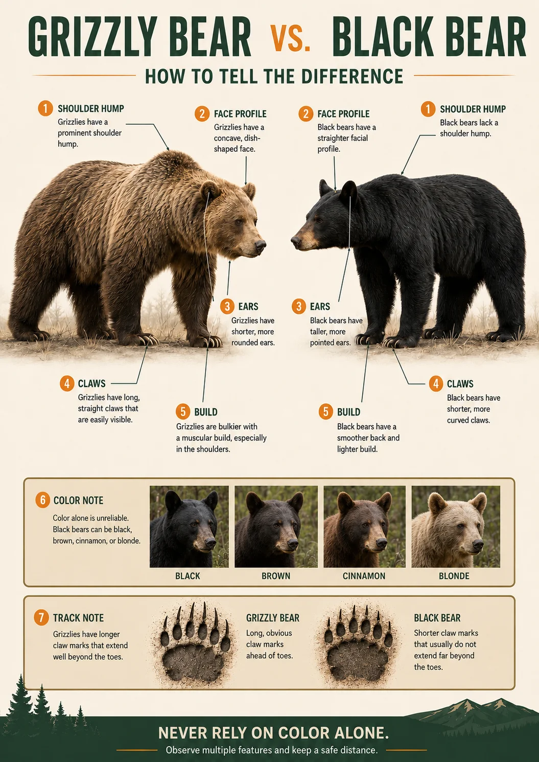 Yellowstone grizzly bear versus black bear identification guide comparing shoulder hump, face, ears, claws, and tracks.