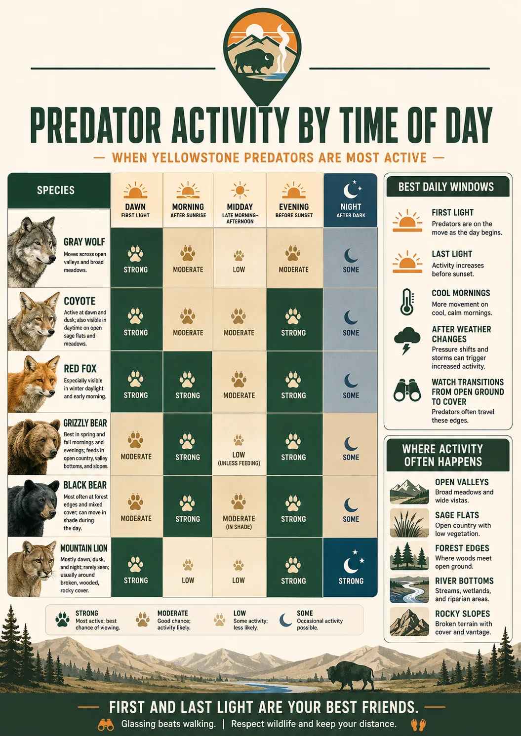 Yellowstone predator activity by time of day showing dawn, midday, dusk, and night patterns.