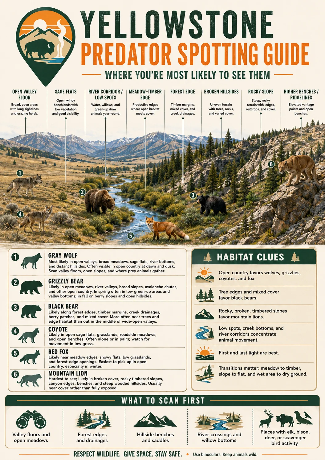 Yellowstone predator spotting guide for wolves, bears, coyotes, foxes, mountain lions, lynx, badgers, and other predators.