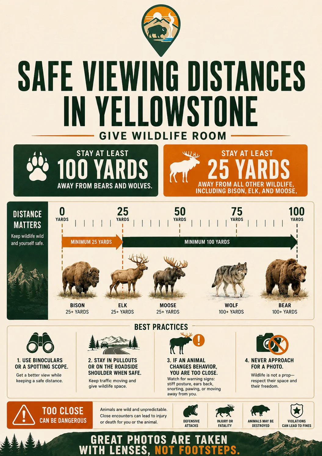 Yellowstone safe viewing distances for bears, wolves, bison, elk, moose, and other wildlife.