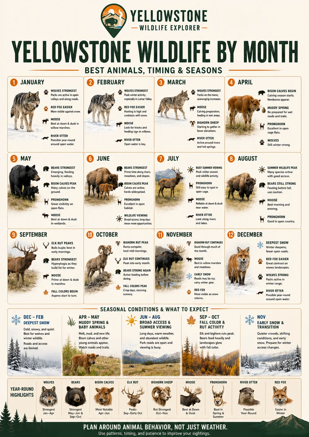 Yellowstone wildlife by month infographic