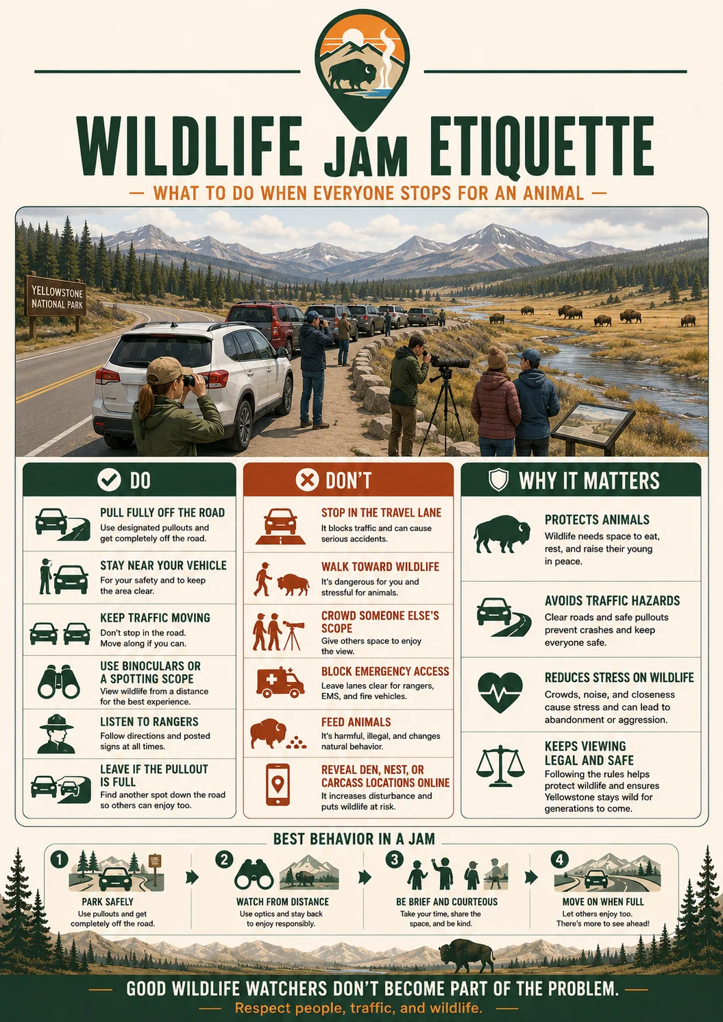 Yellowstone wildlife jam etiquette guide for safe roadside viewing and photography.