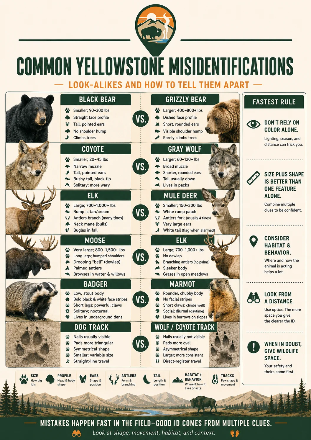 Yellowstone wildlife misidentification guide showing common mistakes and field marks.